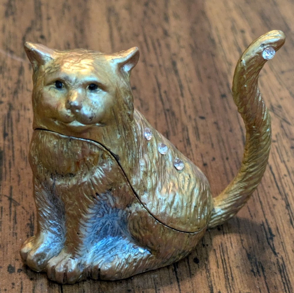 Mini Trinket Box - Gold Metal Cat Figurine with Rhinestones